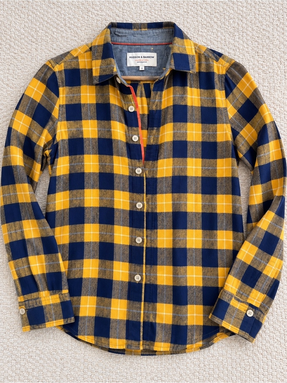 Women’s Yellow Navy Plaid Button-Up Shirt, size small